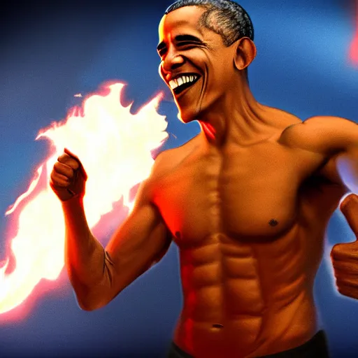 Image similar to Obama is buffed has a blue realistic VFX fire engulfing his hand, Obama is smiling and running towards the viewer, 40nm lens, 4k,