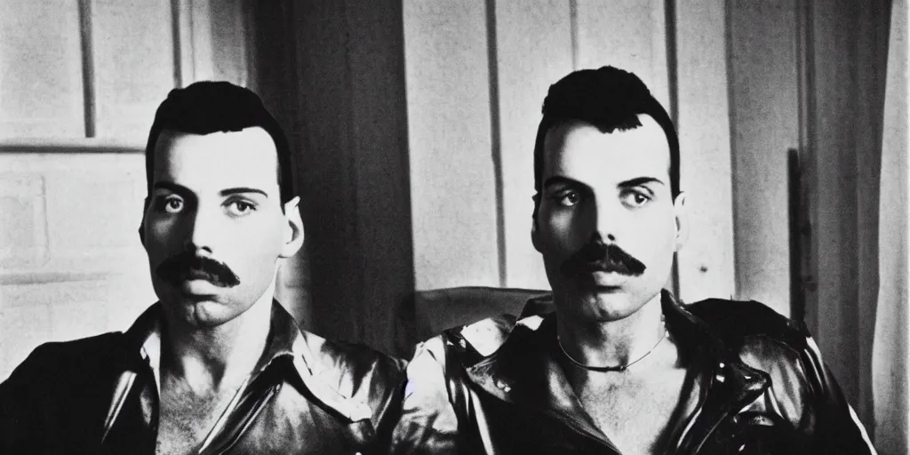 Image similar to freddie mercury sits in a russian prison, black and white photo, realism, 3 5 mm, good lighting