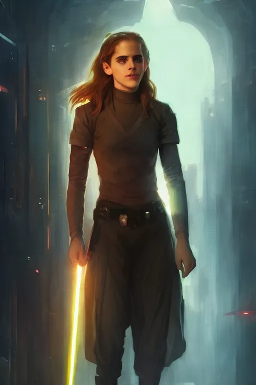 Image similar to portrait of cyborg Emma Watson as Hermione Granger in cyberpunk, neon lighting, night city, digital art from artstation by Ruan Jia and Mandy Jurgens and Artgerm and william-adolphe bouguereau and Greg Rutkowski and Wayne Barlowe