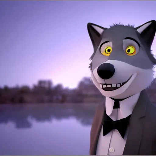 Image similar to a wolf as a gentleman wearing tuxedo on the pixar biome, smooth render, wet reflections, studio lighting, cinematic perspective, full hd