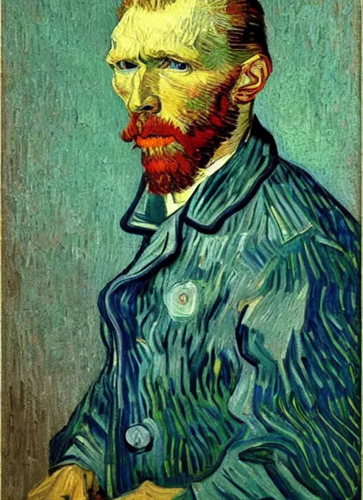 Image similar to lifelike oil painting self - portrait of van gogh wearing headphones