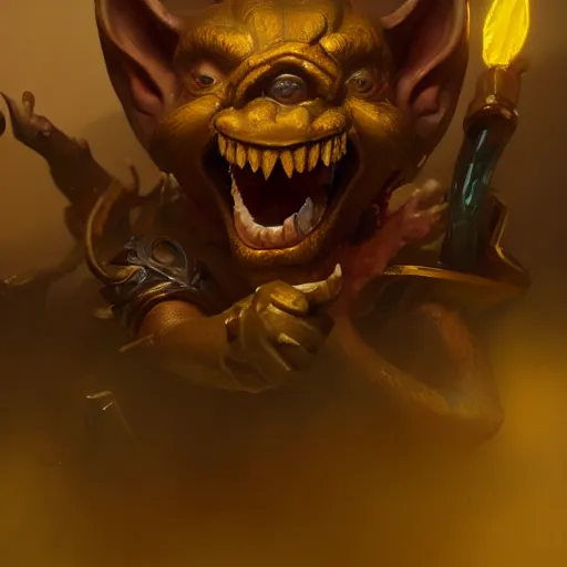 Image similar to Lucky Golden Goblin statue, bright art masterpiece artstation. 8k, sharp high quality artwork in style of Jose Daniel Cabrera Pena and Greg Rutkowski, golden theme, concept art by Tooth Wu, hearthstone card game artwork