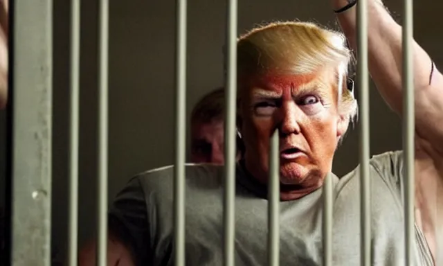 Image similar to full shot of donald trump in a dirty jail cell, body like ronnie coleman, in guantanamo, by ken loach