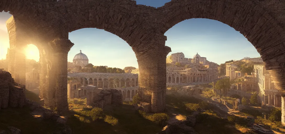 Image similar to epic view of giant roman aqueduct over beautiful italian city, unreal engine, dramatic lighting, detailed, ambient occlusion, global illumination, god rays, 3 d artstation render by greg rutowski and jessica rossier