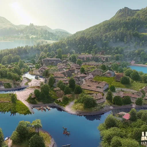 Prompt: a village built on a tarn, mountain lake, highly detailed, 8k, Unreal Engine, render
