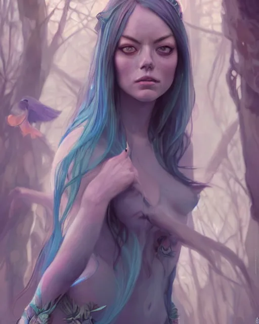 Prompt: stunningly beautiful female blue hair, emma stone face, antasy art, fae priestess, lush forest landscape, dark light night, sharp focus, digital painting, 8 k, concept art, art by wlop, artgerm, greg rutkowski and alphonse mucha