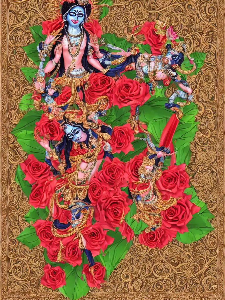 Prompt: beautiful decorative ornament with the goddess kali, decorative design, classical ornament, bilateral symmetry, roses, lilies, leaves, beautiful mature color palette