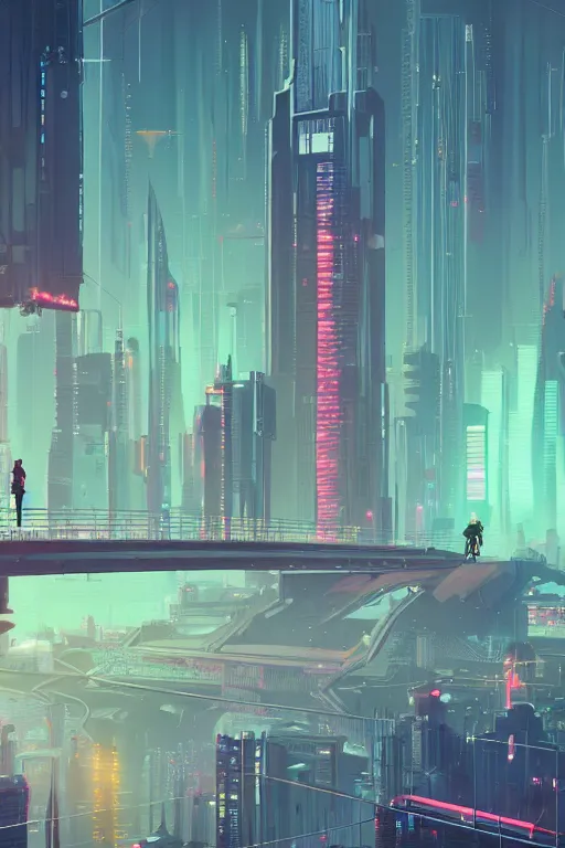 Image similar to a man standing on top of a bridge over a city, cyberpunk art by james gilleard, cgsociety, retrofuturism, synthwave, cityscape, 2 d game art