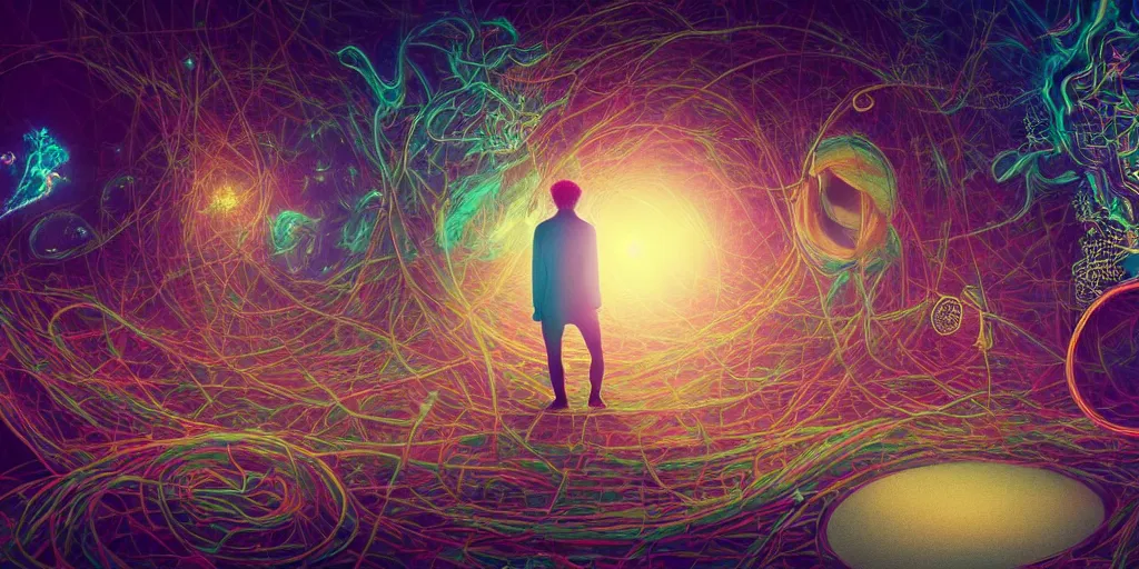 Prompt: a trippy photo of a single lonely person going through different interentangled timelines, hoping to one day get out of this space, Rococo , 4k resolution, detailed, trending on artstation