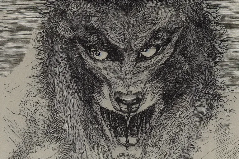 Image similar to werewolf face, Gustave Dore lithography