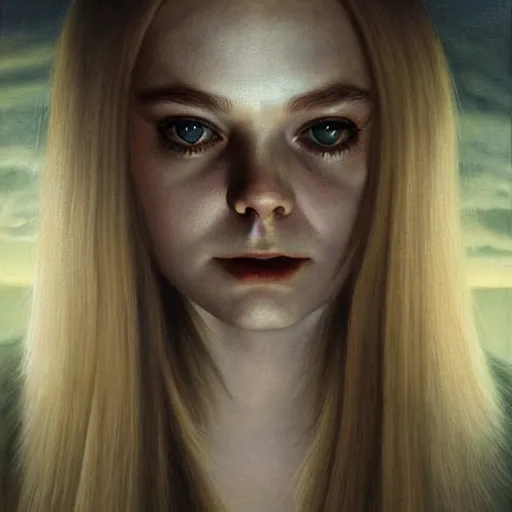 Image similar to a striking hyper real painting of Elle Fanning, dark, metal, by Vladimir Kush