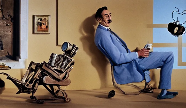 Prompt: salvador dali sitting by wall-e having tea