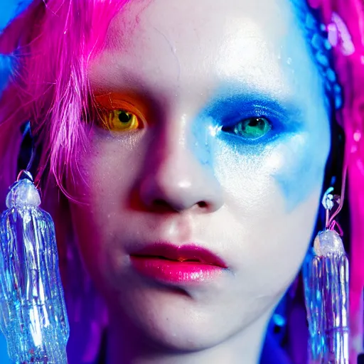 Prompt: a close - up risograph of cyberpunk albinism model girl wearing lots of transparent and cellophane accessories, light blue colors, huge earrings and queer make up, blue hour, trash style, oversaturated, hue - shifted, twilight, cool, portrait, crispy, full - shot, blue sky, kodachrome, photo by mayumi hosokura