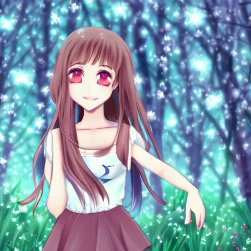 Image similar to photo of an adorable anime girl with long brown hair, looking partly to the left, blue shining eyes, light makeup, light pink lipstick, bokeh forest background, 4k, highly detailed, cel-shaded, anime art style, cartoon