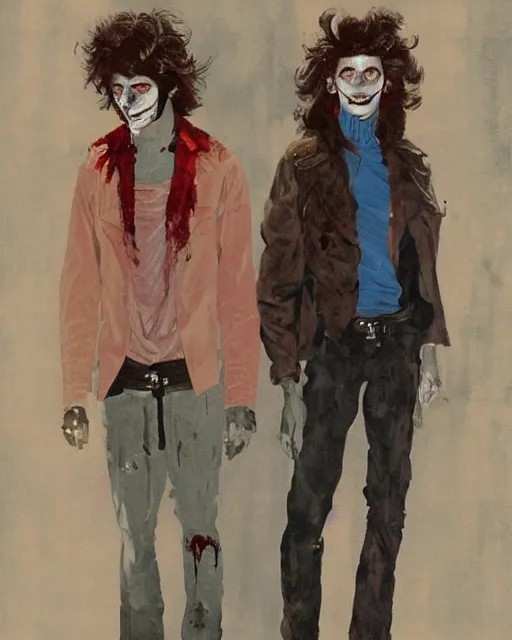 Image similar to two handsome but sinister young men in layers of fear, with haunted eyes and wild hair, 1 9 7 0 s, seventies, wallpaper, a little blood, moonlight showing injuries, delicate embellishments, painterly, offset printing technique, by coby whitmore