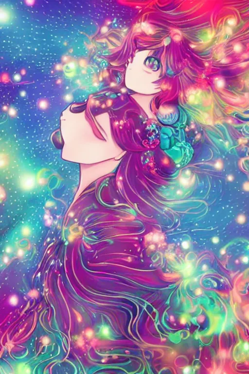 Image similar to psychedelic, whimsical, anime, 4k, beautiful intimate woman blowing smoke, with professional makeup, long trippy hair, a crystal and flower dress, sitting in a reflective pool, surrounded by gems, underneath the stars, rainbow fireflies, trending on patreon, deviantart, twitter, artstation, volumetric lighting, heavy contrast, art style of Ross Tran and Viktoria Gavrilenko and Ilya Kuvshinov