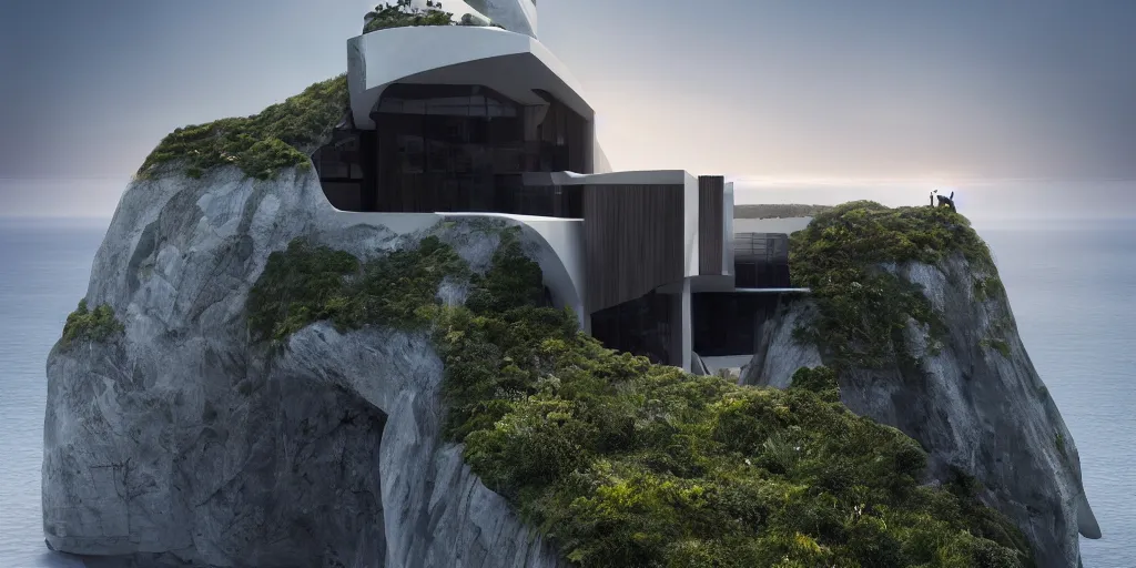 Image similar to modern house on a cliff designed by zaha hadid, cinematic lighting, deep focus, sharp focus, golden ratio, dramatic illumination, hdr, ultra realistic, 8 k, highly detailed, trending on artstation, epic composition, by caravaggio, by artemisia lomi gentileschi