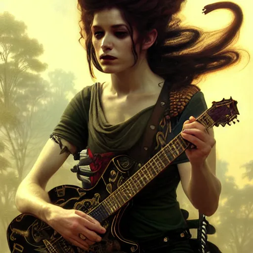 Image similar to portrait painting of a punk snake bard with a guitar, ultra realistic, concept art, intricate details, eerie, highly detailed, photorealistic, octane render, 8 k, unreal engine. art by artgerm and greg rutkowski and charlie bowater and magali villeneuve and alphonse mucha