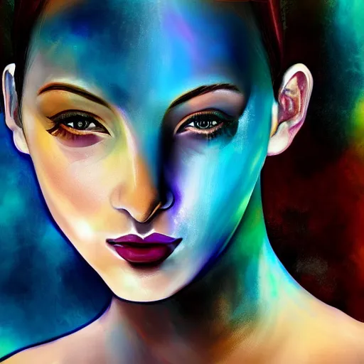 Prompt: painting of a beautiful woman's face, doorway to another world in the middle of her forehead, digital art