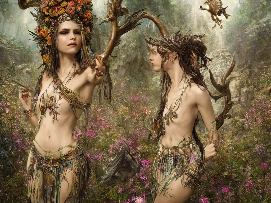 Image similar to a beautiful divine tribal high priestess with feathers and crystals in a lush field of flowers, highly detailed medieval temple with waterfall and deer water nymphs behind her, wide painting by greg rutkowski and hr giger, zbrush, trending on artstation