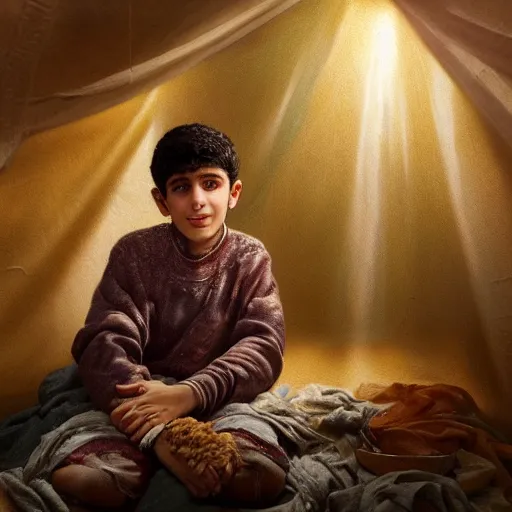 Image similar to Beautiful hyperrealistic detailed matte portrait painting of 12 year old middle eastern skinned boy with short hair and Biblical clothing sleeping. Interior of ancient tent. Nightime. Light rays shine onto his body. post processing, ultra detailed, trending on artstation