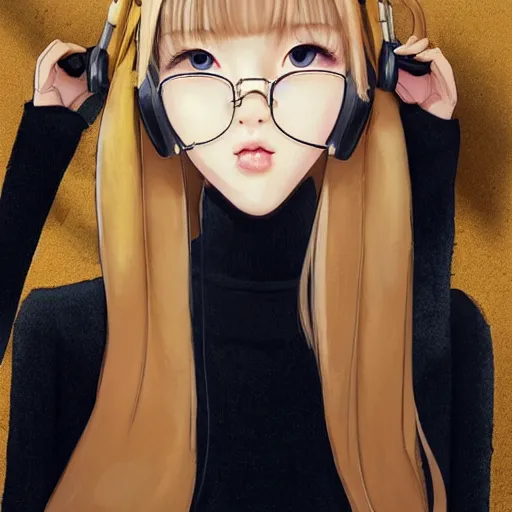 Image similar to realistic beautiful gorgeous natural cute Blackpink Lalisa Manoban blonde hair cute fur blonde cat ears wearing headphones wearing black leather choker in sweaters outfit golden eyes artwork drawn full HD 4K highest quality in artstyle by professional artists WLOP, Taejune Kim, Guweiz, ArtGerm on Artstation Pixiv