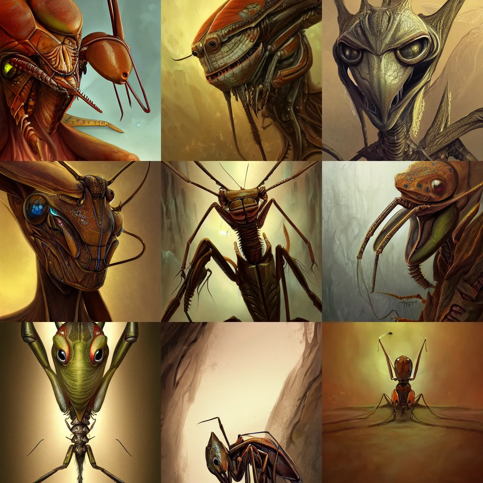 Image similar to portrait of an anthropomorphic insectoid, predatory praying mantis, brown exoskeleton, thin antennae, flat triangle - shaped head, concept art, deep focus, fantasy, intricate, highly detailed, digital painting, artstation, matte, sharp focus, illustration, art by marc simonetti