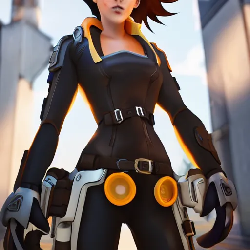 Image similar to digital painting of tracer overwatch wearing leather collar, standing in city area, 4 k, realistic,