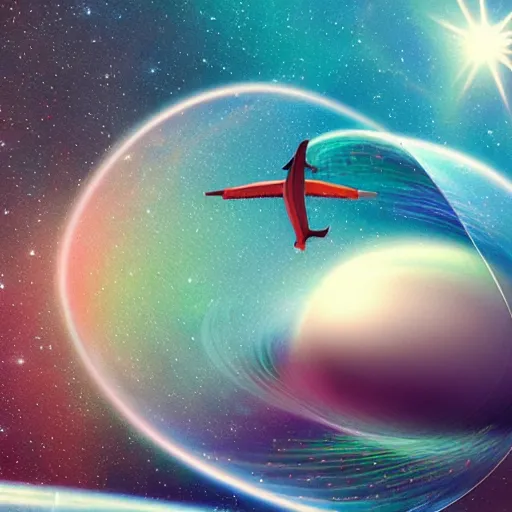 Prompt: a magical airplane traveling and wormhole