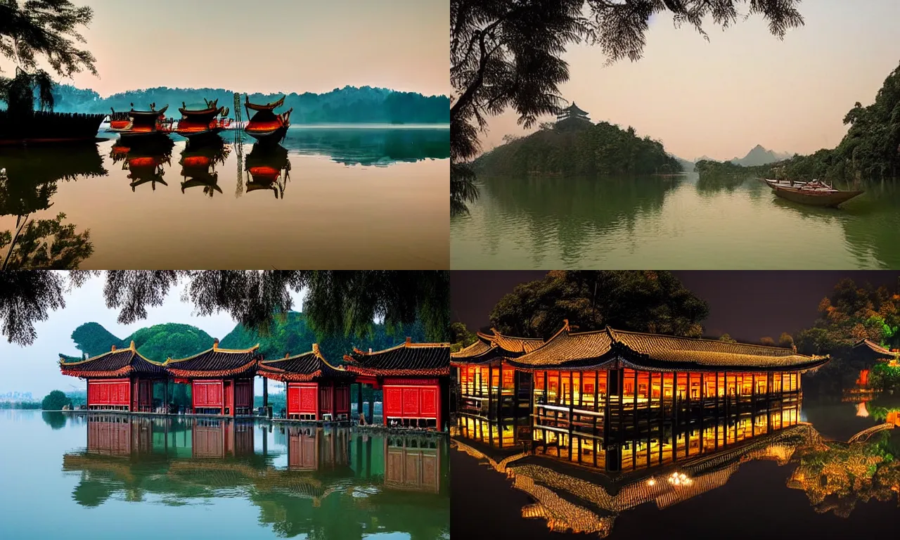 Prompt: there are ancient chinese painting boats on the beautiful lake at night. there are woods and palaces in the distance, super wide angle