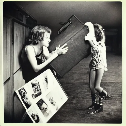 Prompt: a girl opening a trunk and finding a picture of elton john lennon, polaroid photo, perfect photo, photo pinterest
