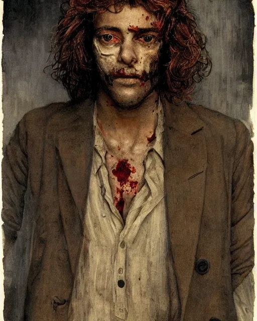 Image similar to a handsome but creepy man in layers of fear, with haunted eyes and wild hair, 1 9 7 0 s, seventies, wallpaper, a little blood, moonlight showing injuries, delicate embellishments, painterly, offset printing technique, by, jules bastien - lepage