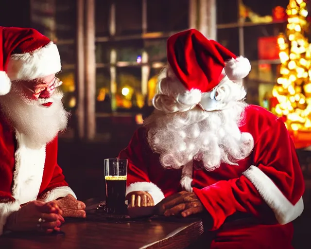 Image similar to santa claus chatting with socrates in a bar, professional photography, nighttime, noir photo, colors, golden lights, calm feeling