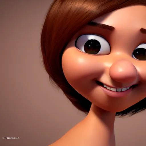 Image similar to A portrait of a curvy woman, a cute 3d cgi toon woman with brown hair in a Bob, no bangs, brown eyes, full face, olive skin, romanian heritage, medium shot, mid-shot, hyperdetailed, 8k, trending on artstation, as a Pixar character