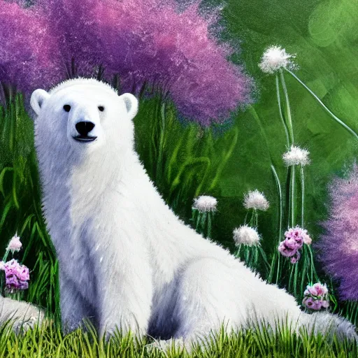 Prompt: cute fluffy white polar bear cub wearing sunglasses sitting in spring meadow landscape with flowers detailed painting 4k