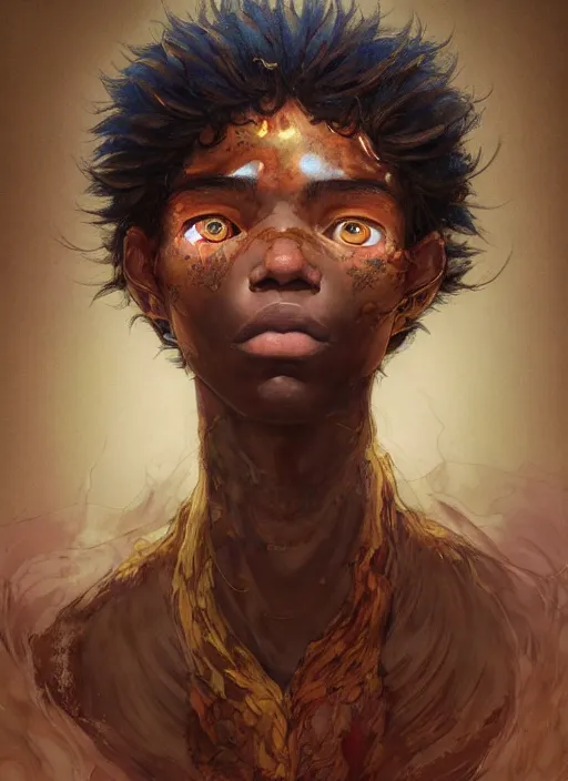 Prompt: prompt : portrait soft light painted by james jean and katsuhiro otomo and erik jones, inspired by akira anime, epic fantasy, a young long haired peasant boy with dark skin, brown skin, a dark complexation in plain fantasy clothing with intelligent eyes, intricate oil painting, high detail illustration, sharp high detail