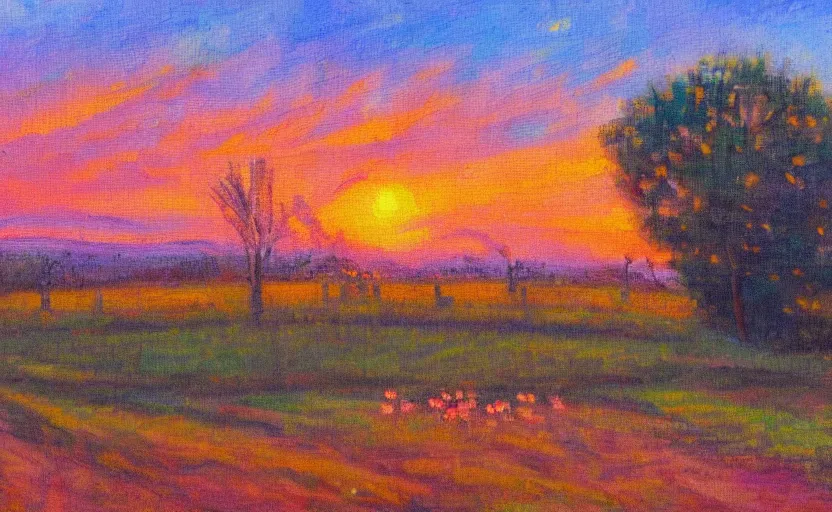 Prompt: an orchard at sunset, impressionist painting, oil on canvas, golden hour, beautiful lighting