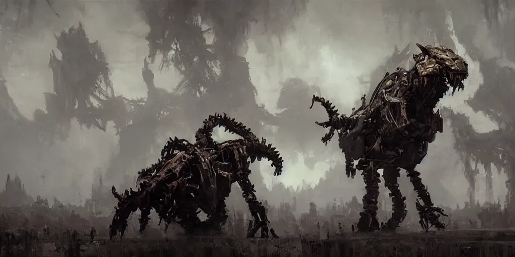 Image similar to beautiful painting by jeremy mann, a mechanical jaguar creature of horizon forbidden west horizon zero dawn, concept art, fantasy, desaturated, ominous, unsettling, sharp focus, octopath traveler, unreal engine highly rendered, global illumination, dramatic lighting, misty