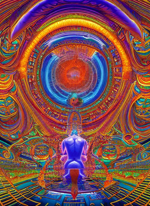 Prompt: breathtakingly beautiful ultrawide angle colour masterpiece weird dream, low angle view from inside a hindu temple, strange beautiful cybertronic temple, incredible sense of depth and perspective and clarity, hyperrealism, realistic, symmetry symmetrical, alex grey and moebius and studio ghibli, 8 k