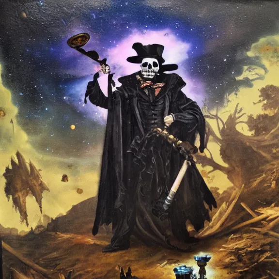 Image similar to grim-hatter, skull cane, voodoo ritual gear, matte painting art from goya and pirner, cursed oil painting, cosmic nebula color tones, camera footage from the cursed mission