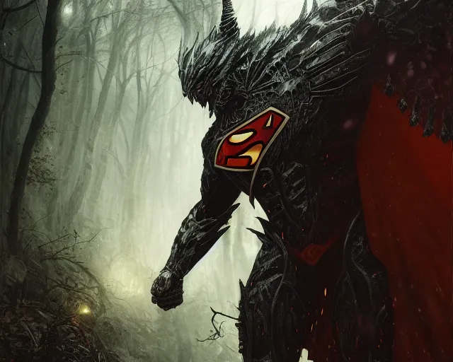 Prompt: 5 5 mm portrait photo of an armored demonic superman in a magical forest. magical atmosphere. art by greg rutkowski and luis royo. highly detailed 8 k. intricate. lifelike. soft light. nikon d 8 5 0.