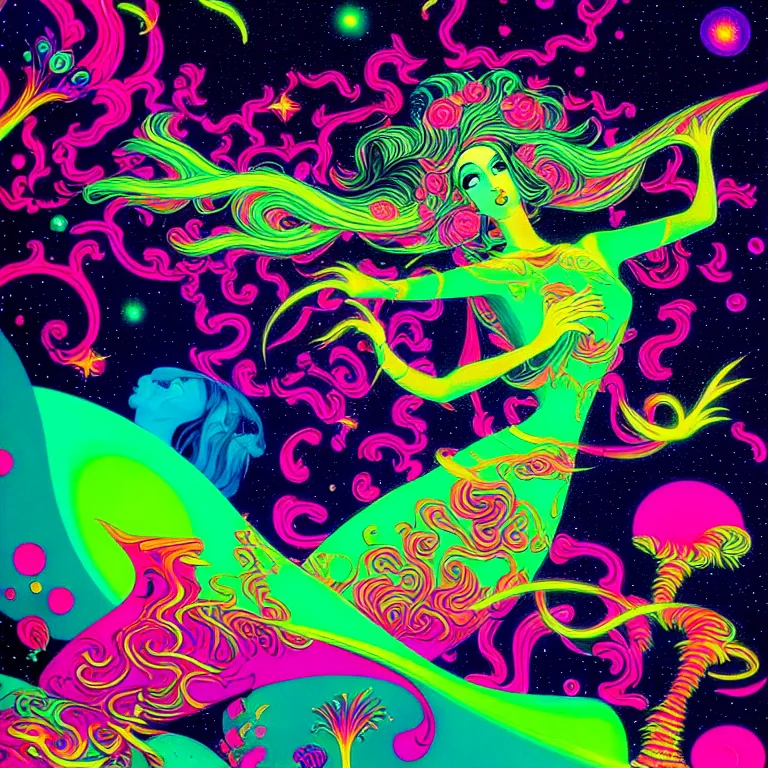 Image similar to cosmic girl, infinite fractal dimensions, bright neon colors, highly detailed, cinematic, eyvind earle, tim white, philippe druillet, roger dean, lisa frank, aubrey beardsley