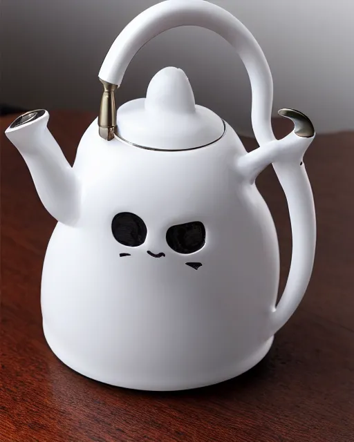 Prompt: a creepy white porcelain tea kettle, with it's lid shaped like a creepy happy cat head, it's handle shaped like a cat tail and it's spout in the shape of the cat paws, at the end of the spot there is a gray mouse. hyperreal, and intricately detailed