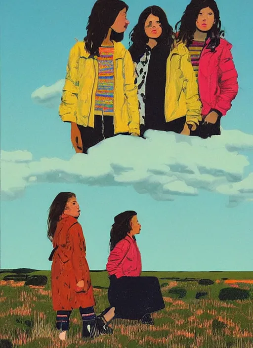 Image similar to a portrait of a group of girls dressed in colorful jackets in a scenic representation of mother nature and the meaning of life by billy childish, composition by justine kurland, thick visible brush strokes, shadowy landscape painting in the background by beal gifford, vintage postcard illustration, minimalist cover art by mitchell hooks