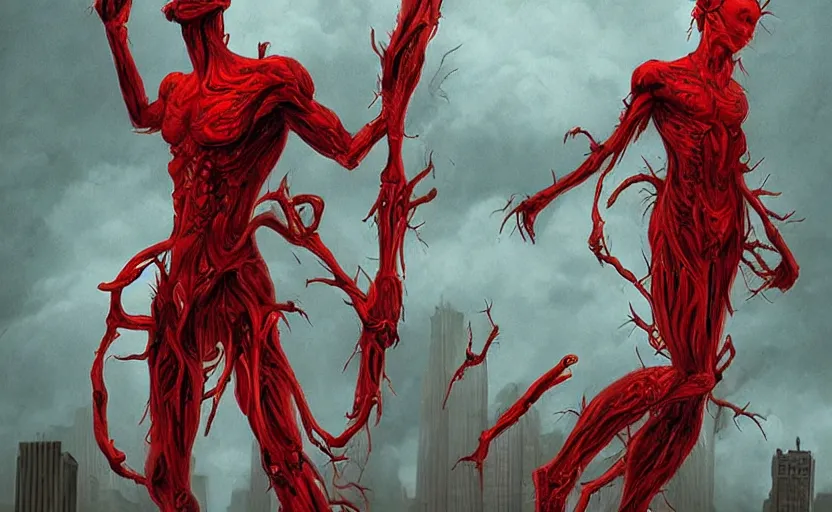 Prompt: an digital art of bodyhorror red alert storm that destroys new york city in style of zdislaw beksinski