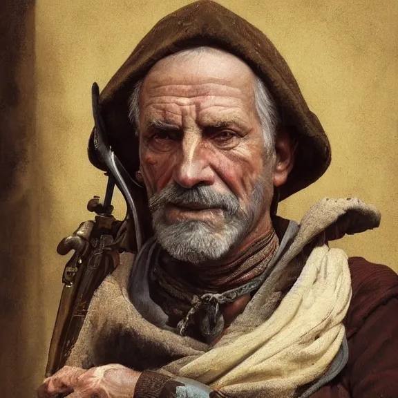 Image similar to excellent painted portrait of a retired elderly 15th century swiss mercenary, high quality painting with detailed face, 4k, trending on artstation, octane render, art by artgerm and greg rutkowski and alphonse mucha and craig mullins and James Jean and Andrei Riabovitchev and Marc Simonetti and peter mohrbacher