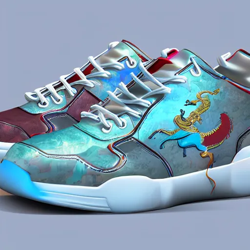 Image similar to sneakers shoe design inspired by a chinese dragon, unreal engine, octane render, cinematic backdrop, ethereal lighting, visually stunning, inspiring, ray tracing, in the style of james jean