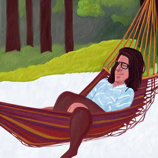 Image similar to brown border collie relaxing in a hammock drinking hot chocolate, digital painting