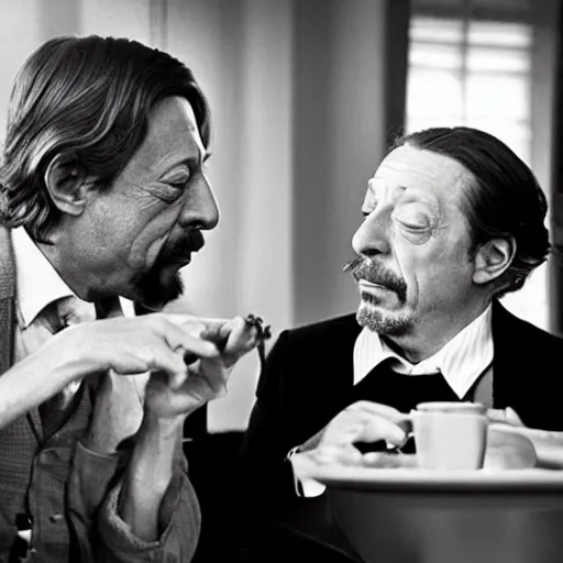 Prompt: jean rochefort and mathieu amalric, symmetric, realistic, realism, early 2 0 th century gentlemen, sitting at coffee table, smoking a cigar.