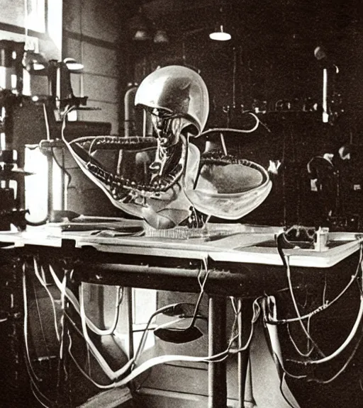 Image similar to Alien lying on an operation table in a lab, photograph from 1890, grainy, high detail, high resolution